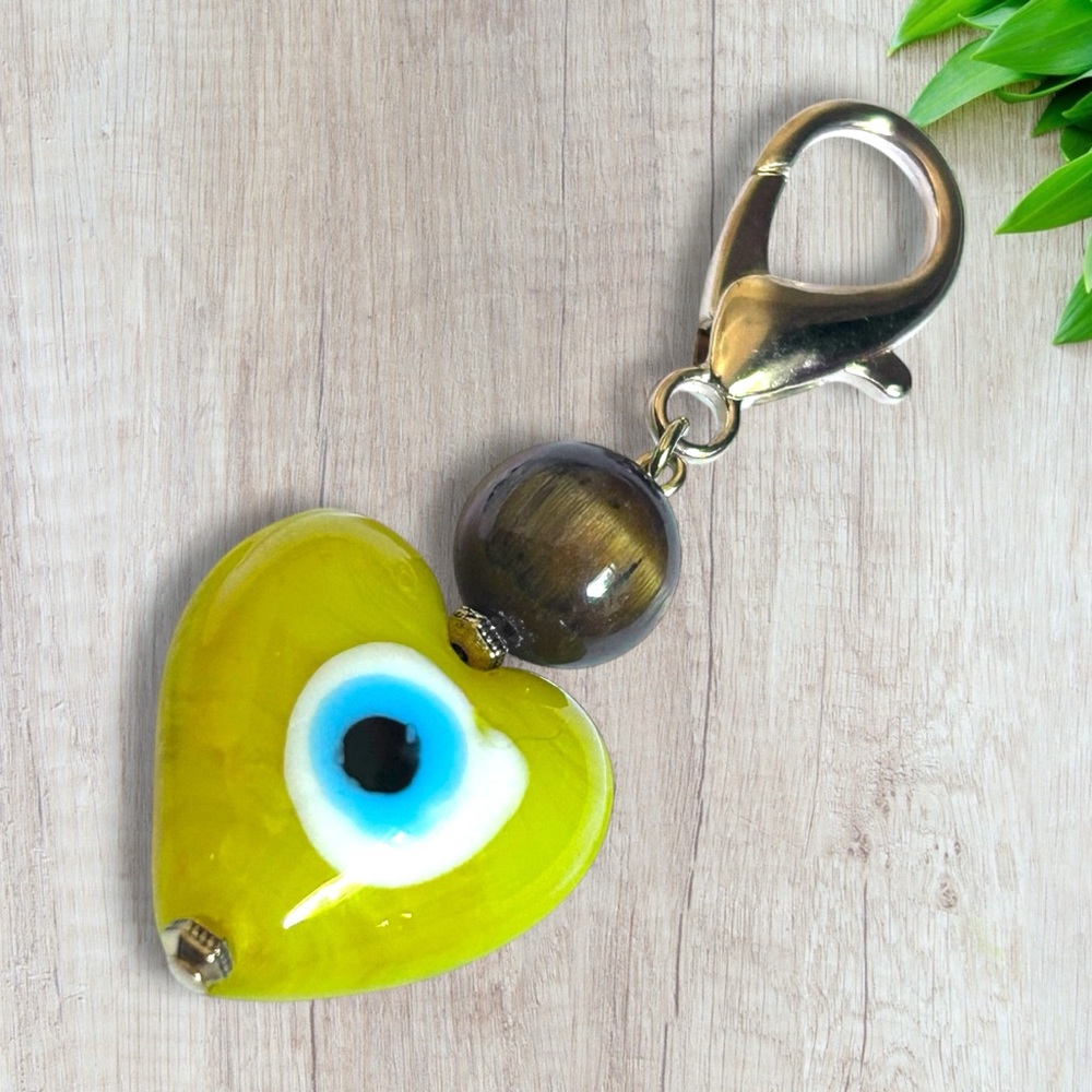 Hand Crafted Purse Pet Charm Tiger’s Eye Yellow Heart Evil Eye Brown Spiritual